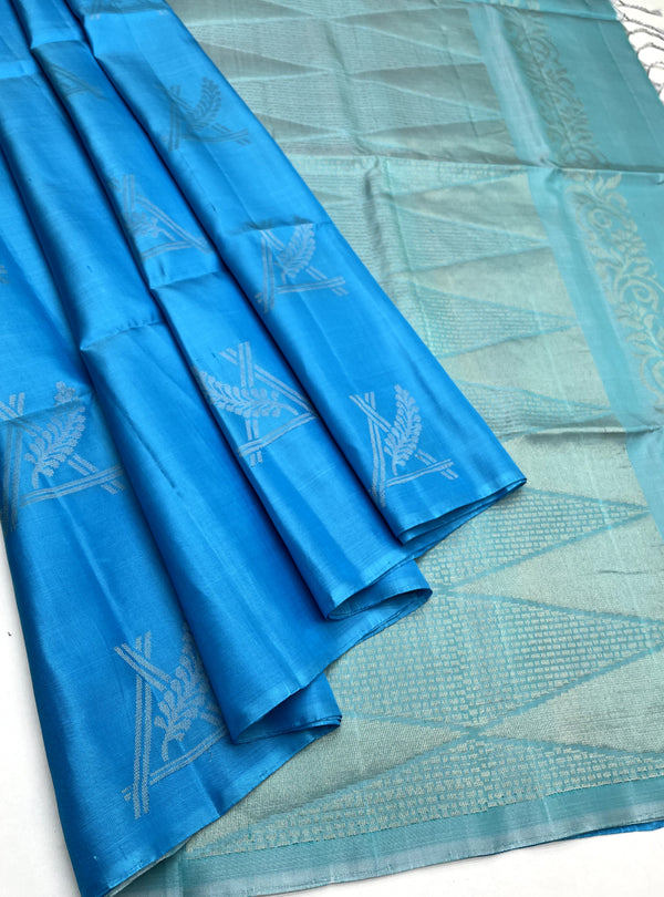 Mughizh - Blue & Pastel Blue With Bhutta Pure Handloom Soft Silk Saree