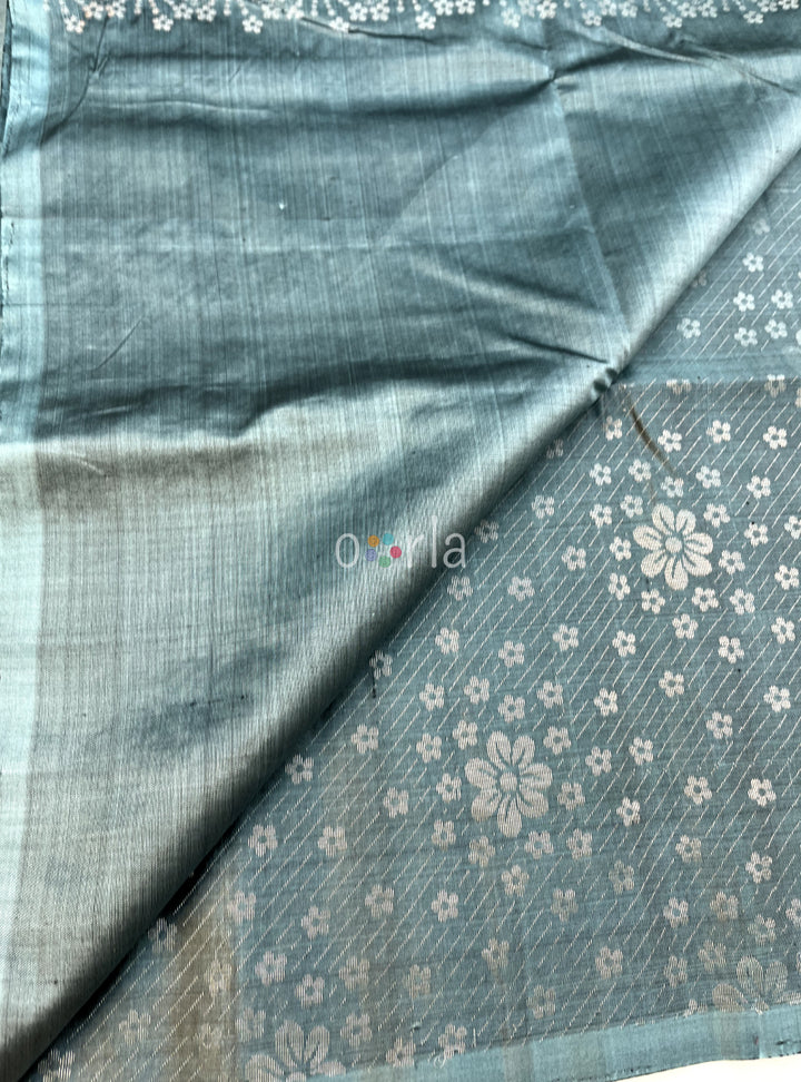 Ezhil - Blueish Grey Pure Silver Zari with Sleeve Work Handloom Soft Silk Saree