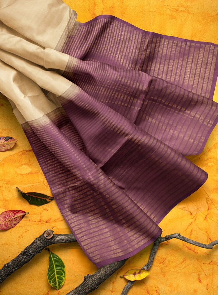 Vanya - Beige & Grape Wine Bhutta Handloom Tencel (Vegan Silk) Saree