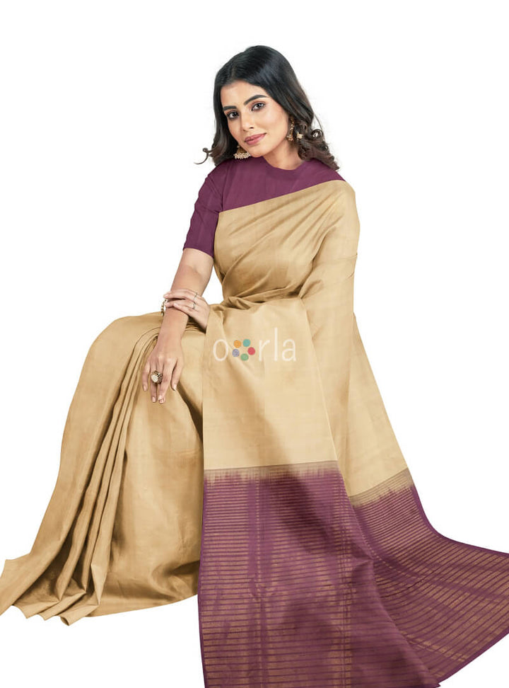 Vanya - Beige & Grape Wine Bhutta Handloom Tencel (Vegan Silk) Saree