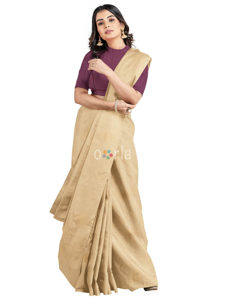 Vanya - Beige & Grape Wine Bhutta Handloom Tencel (Vegan Silk) Saree