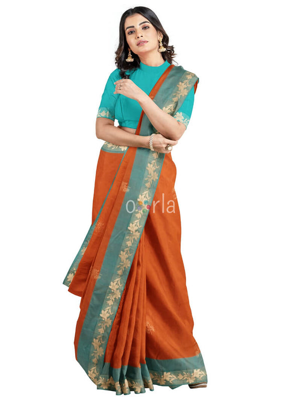 Vanya - Rusty Orange & Teal Blue Design Border Bhutta Handloom Fancy Tencel (Vegan Silk) Saree