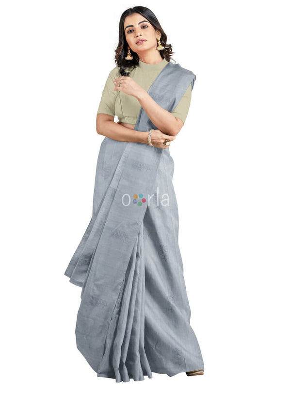 Vanya - Light Grey & Cream Bhutta Handloom Fancy Tencel (Vegan Silk) Saree