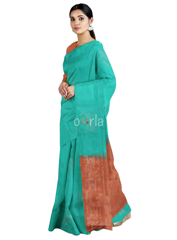 Vanya - Teal Blue & Rusty Orange Bhutta Handloom Fancy Tencel (Vegan Silk) Saree