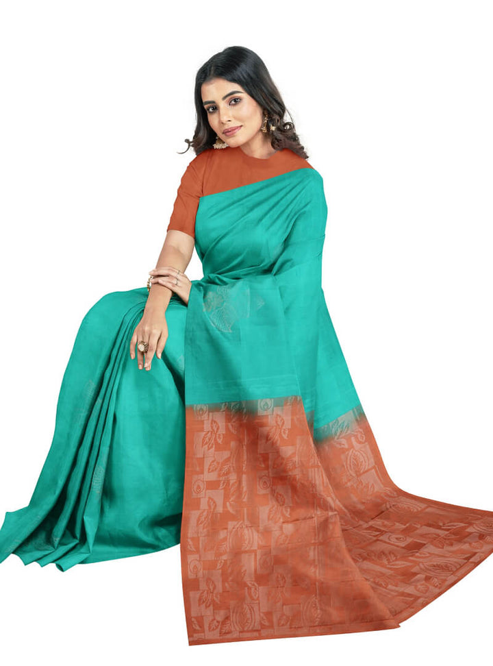 Vanya - Teal Blue & Rusty Orange Bhutta Handloom Fancy Tencel (Vegan Silk) Saree