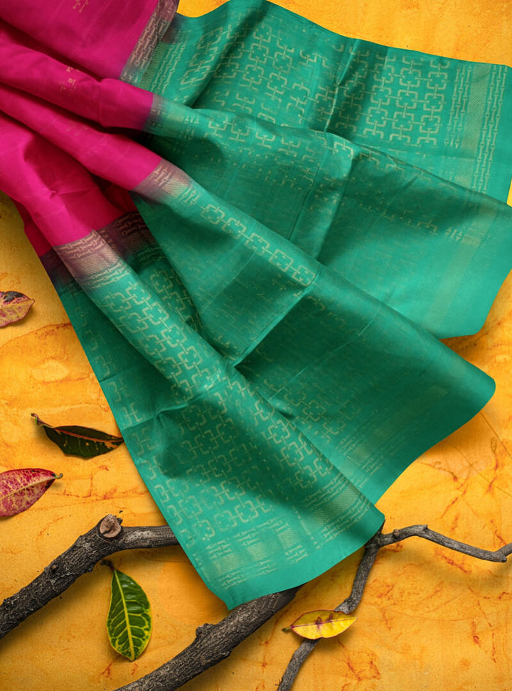 Vanya - Pink & Green Bhutta Handloom Fancy Tencel (Vegan Silk) Saree