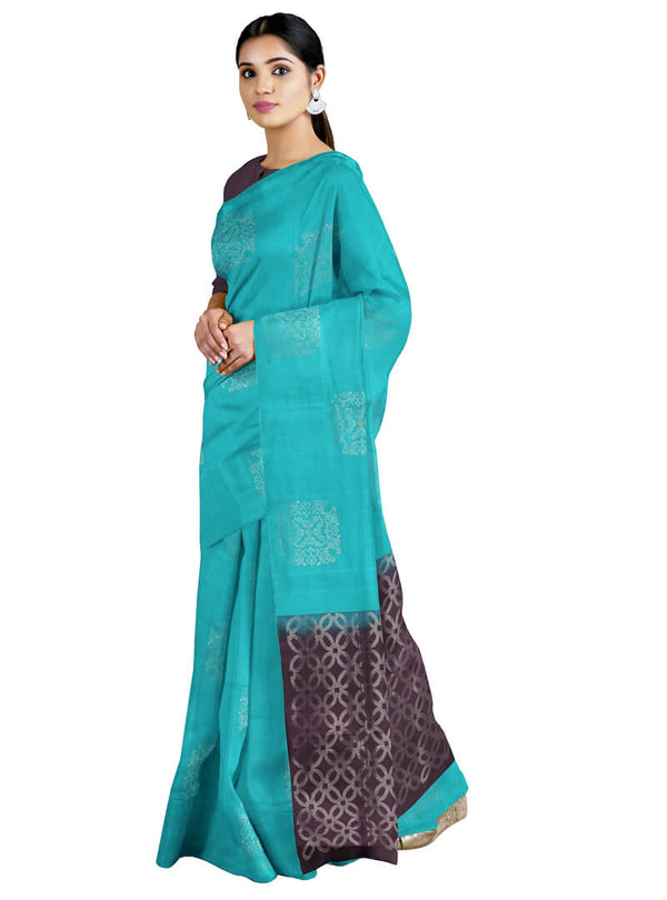 Vanya - Teal Blue & Brown Bhutta Handloom Fancy Tencel (Vegan Silk) Saree