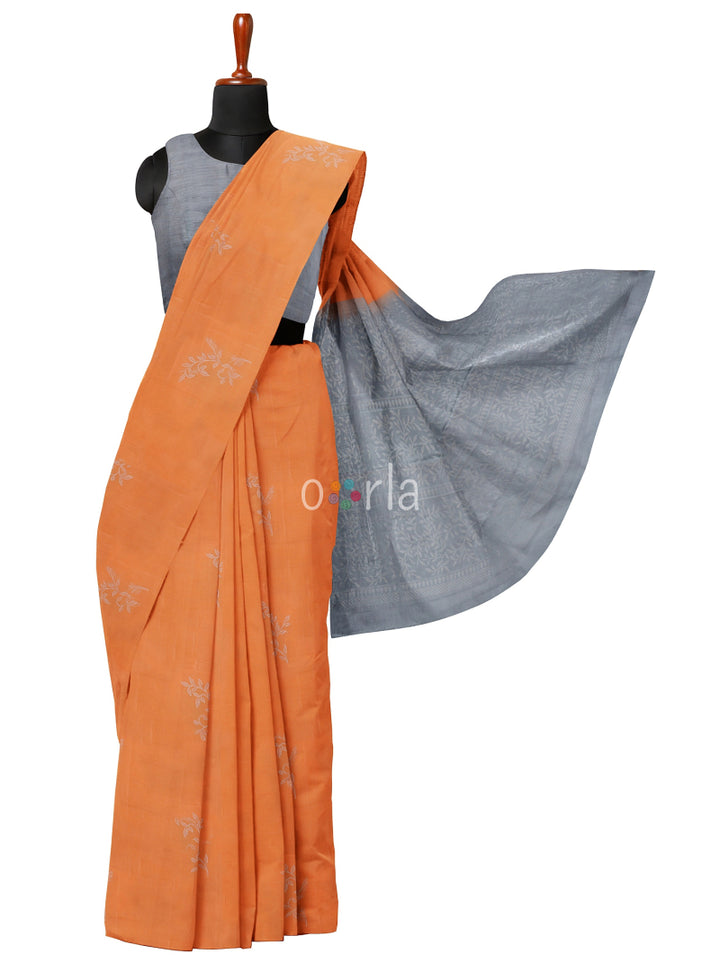 Vanya - Light Orange & Slate Grey Bhutta Handloom  Tencel (Vegan Silk) Saree