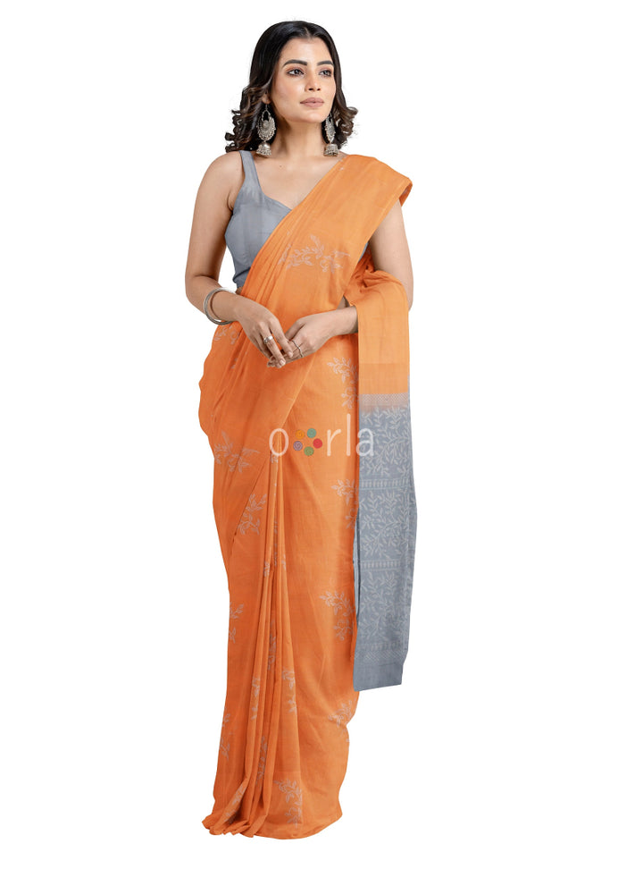 Vanya - Light Orange & Slate Grey Bhutta Handloom  Tencel (Vegan Silk) Saree