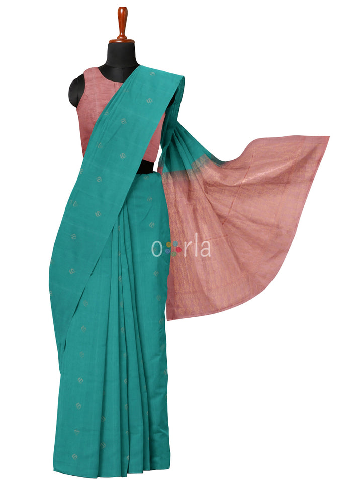 Vanya - Teal Green & Orange Bhutta Handloom Tencel (Vegan Silk) Saree