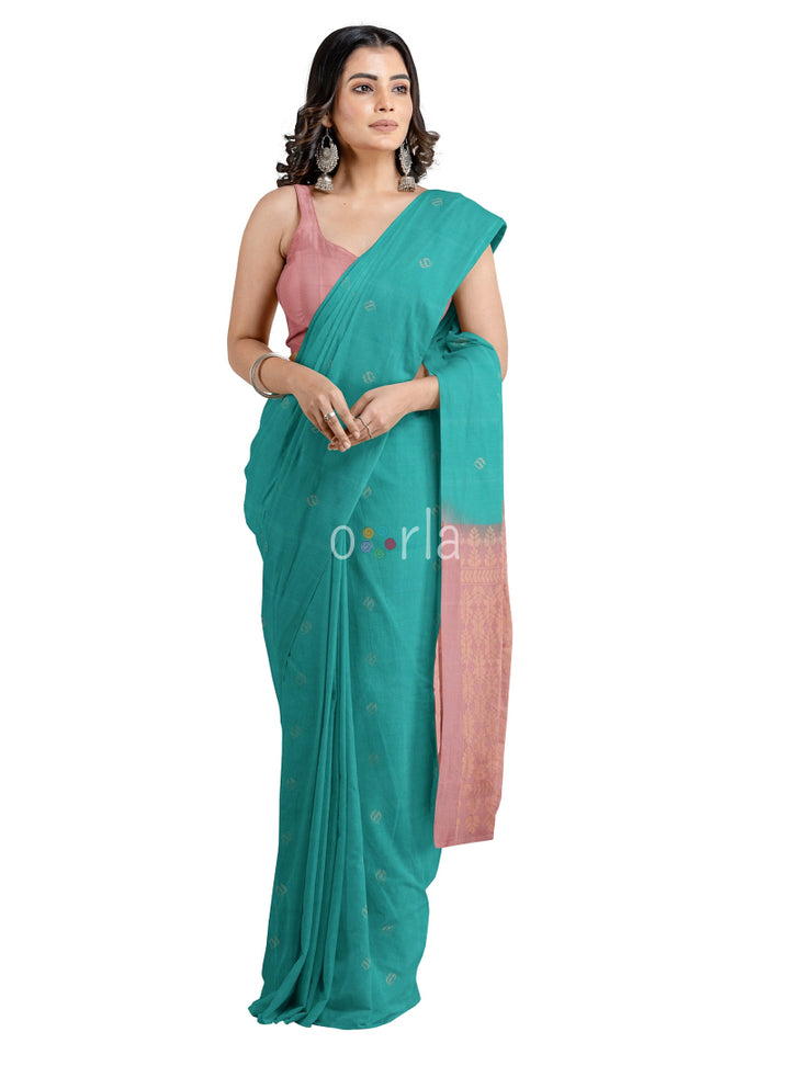 Vanya - Teal Green & Orange Bhutta Handloom Tencel (Vegan Silk) Saree