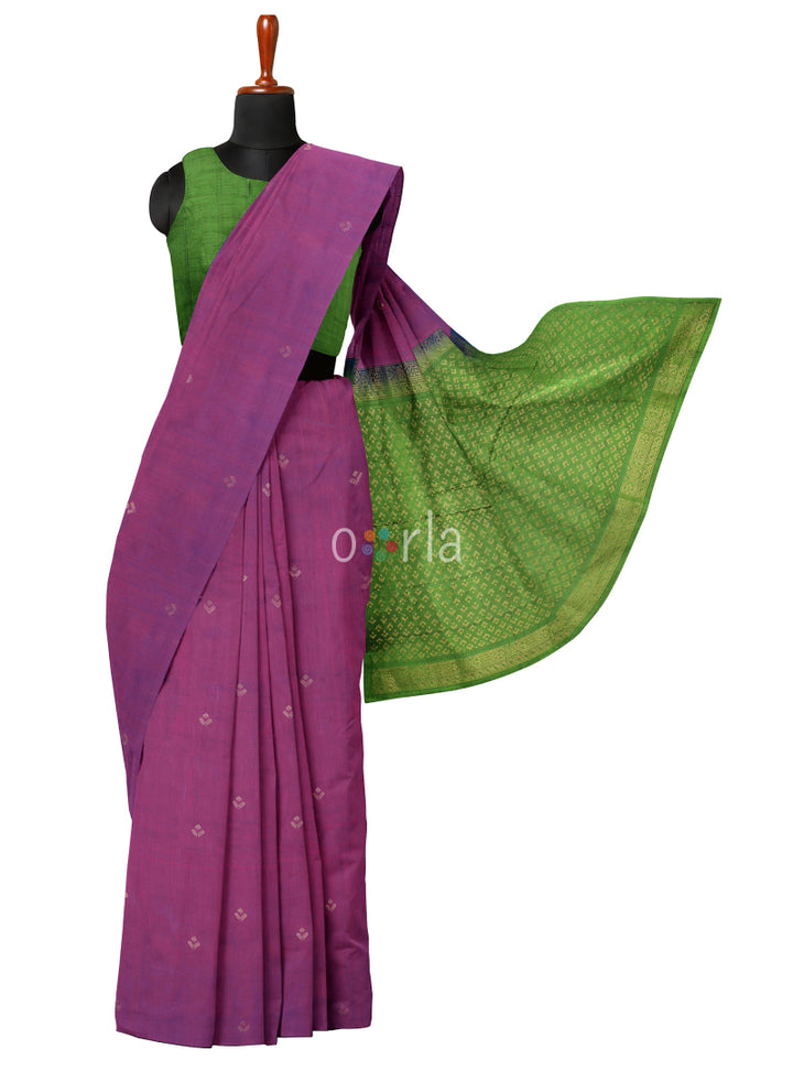 Vanya - Purple & Green Leaf Bhutta Handloom Tencel (Vegan Silk) Saree