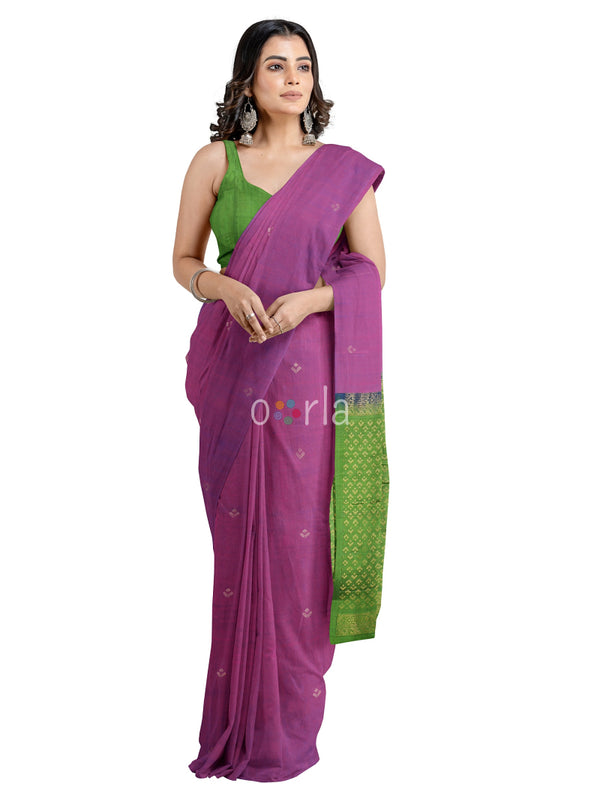 Vanya - Purple & Green Leaf Bhutta Handloom Tencel (Vegan Silk) Saree