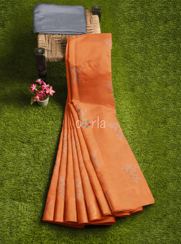 Vanya - Light Orange & Slate Grey Bhutta Handloom  Tencel (Vegan Silk) Saree