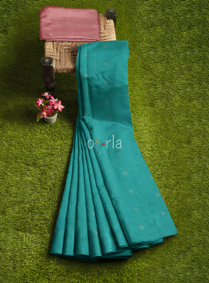 Vanya - Teal Green & Orange Bhutta Handloom Tencel (Vegan Silk) Saree