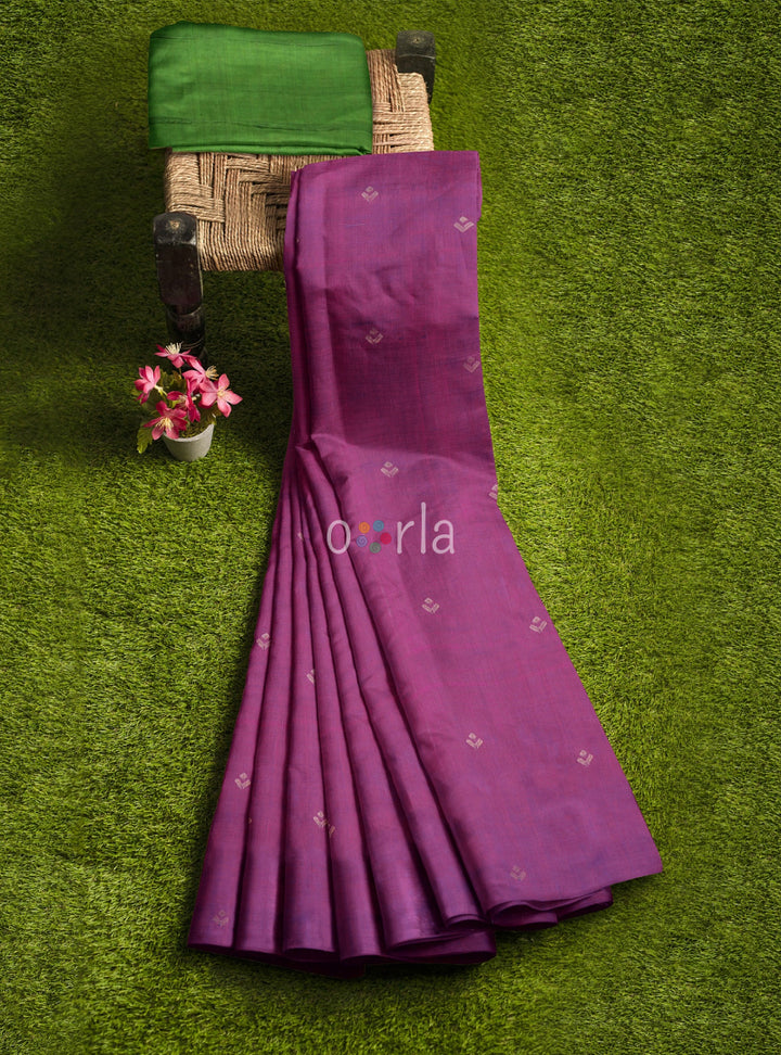 Vanya - Purple & Green Leaf Bhutta Handloom Tencel (Vegan Silk) Saree