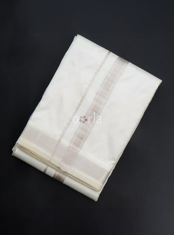 Milir - 1 Inch Silver Zari 8 Muzham Pure Silk Double layered Dhoti - 60K