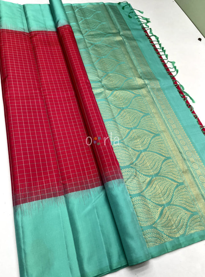 Swarnam - Reddish Pink & Aqua Fancy Handloom Soft Silk Saree