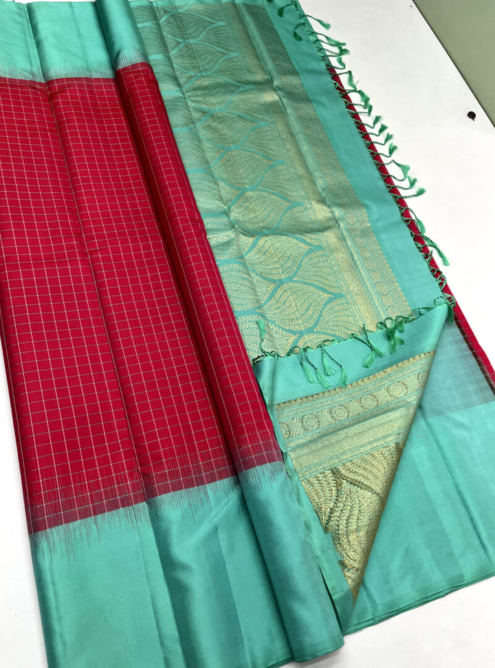 Swarnam - Reddish Pink & Aqua Fancy Handloom Soft Silk Saree