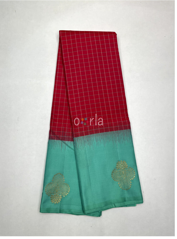 Swarnam - Reddish Pink & Aqua Fancy Handloom Soft Silk Saree