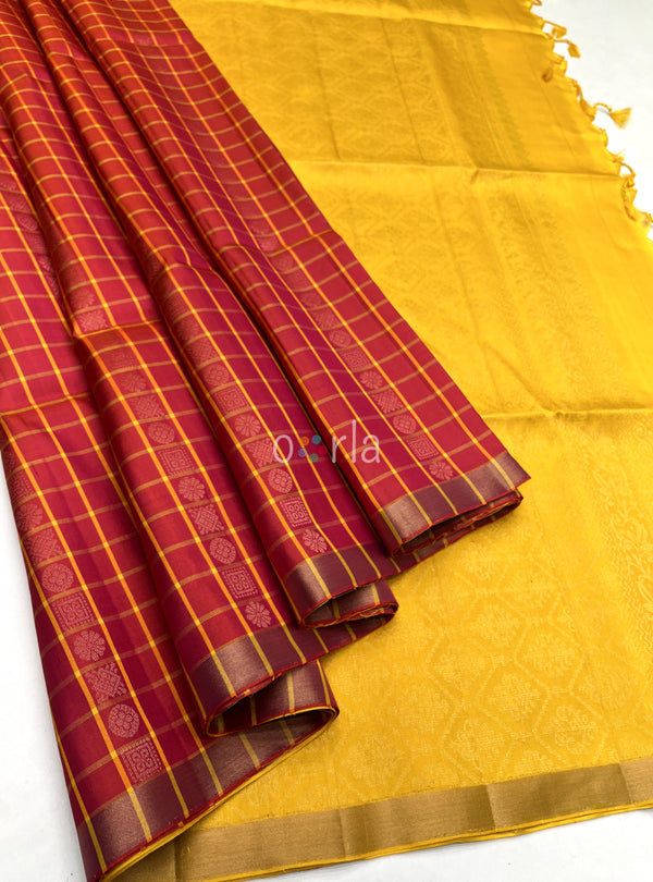 Mughizh - Reddish Orange & Yellow Checked Bhutta Handloom Soft Silk Saree