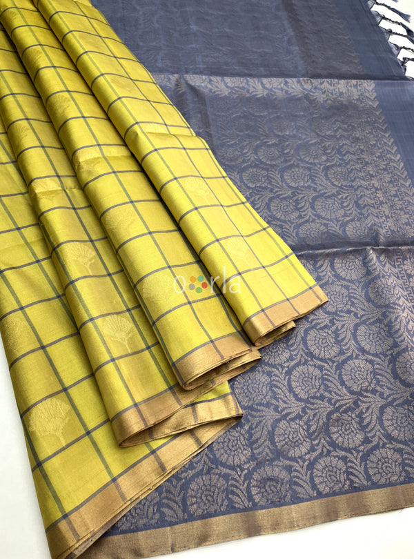 Mughizh - Light Yellow & Grey Checked with Bhutta Handloom Soft Silk Saree