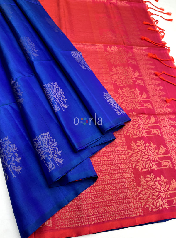 Mughizh - Royal Blue & Orangish Pink With Bhutta Pure Handloom Soft Silk Saree