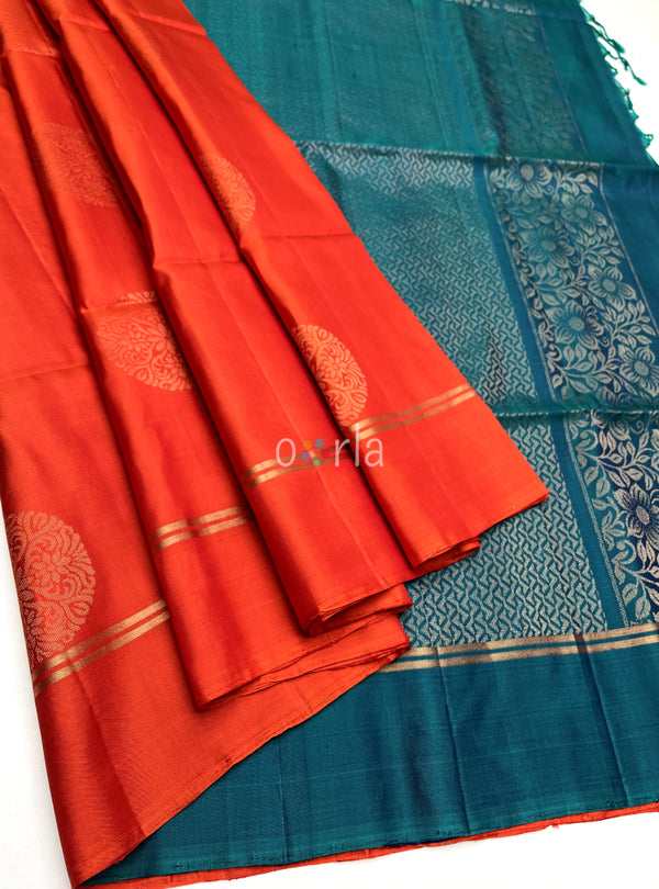 Mughizh - Orangish Red & Teal Blue With Bhutta Pure Handloom Soft Silk Saree