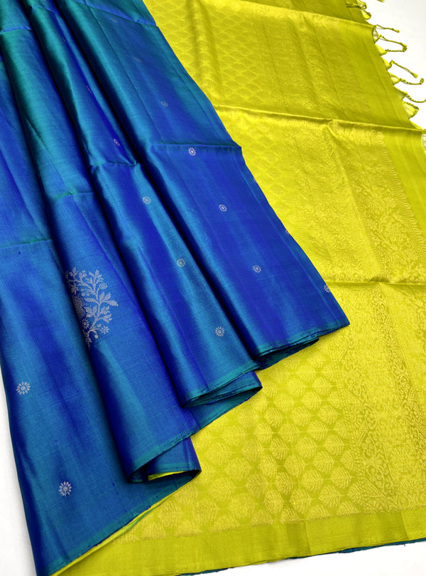 Mughizh - Peacock Blue & Lemon Green With Bhutta Pure Handloom Soft Silk Saree