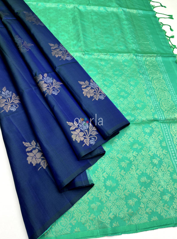 Mughizh - Peacock Blue & Aqua Green With Bhutta Pure Handloom Soft Silk Saree