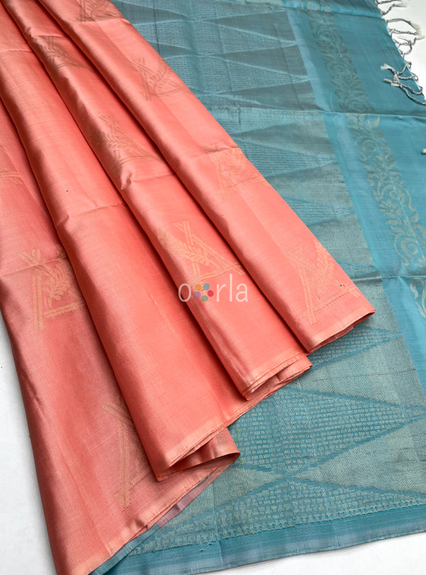 Mughizh - Peach & Blue With Bhutta Pure Handloom Soft Silk Saree