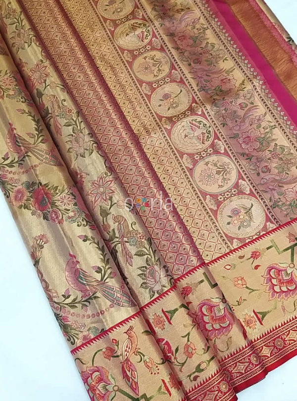 Varnam - Beige & Pink Kanchipuram Bridal Handloom Silk Saree