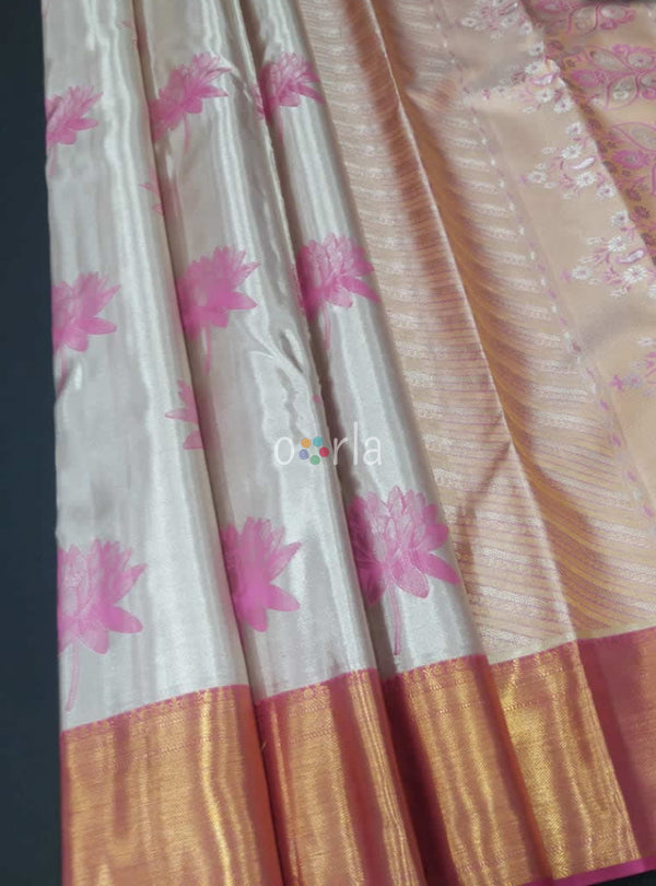 Varnam - Off  white & Pink Kanchipuram Bridal Handloom Silk Saree