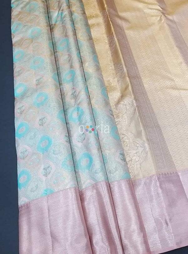 Varnam - Sea blue & Pink Kanchipuram Bridal Handloom Silk Saree